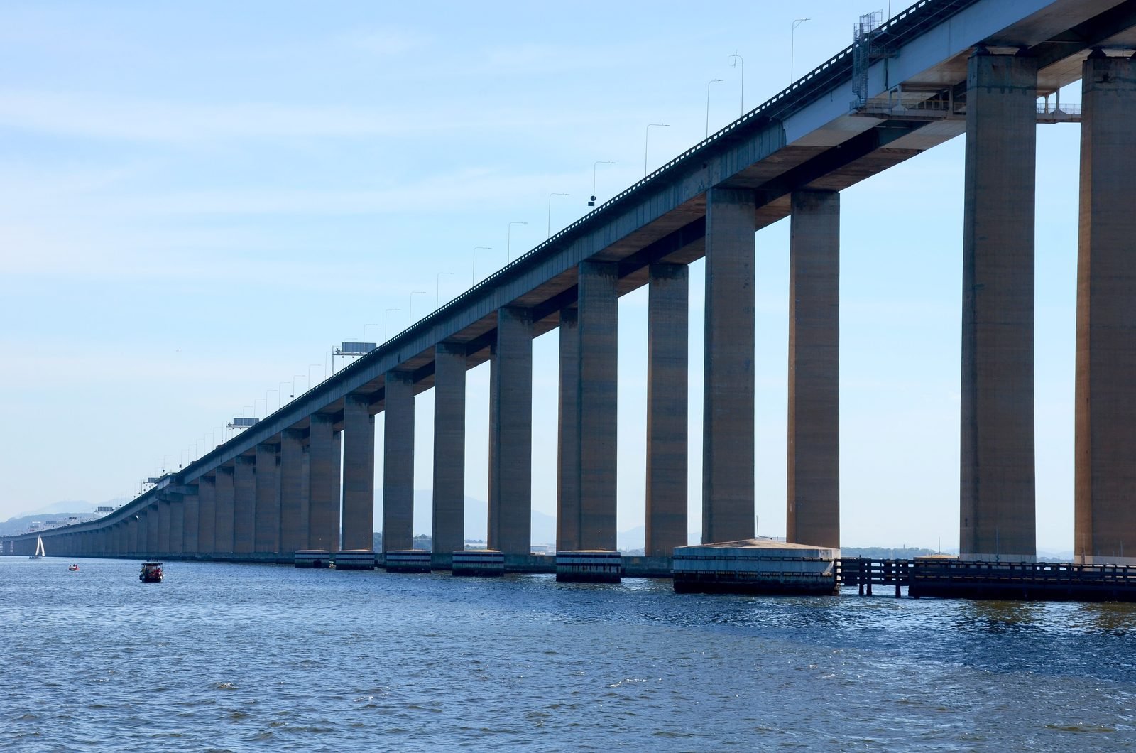 Fileira de pilares de concreto da Ponte Rio–Niterói sobre a água, em perspectiva