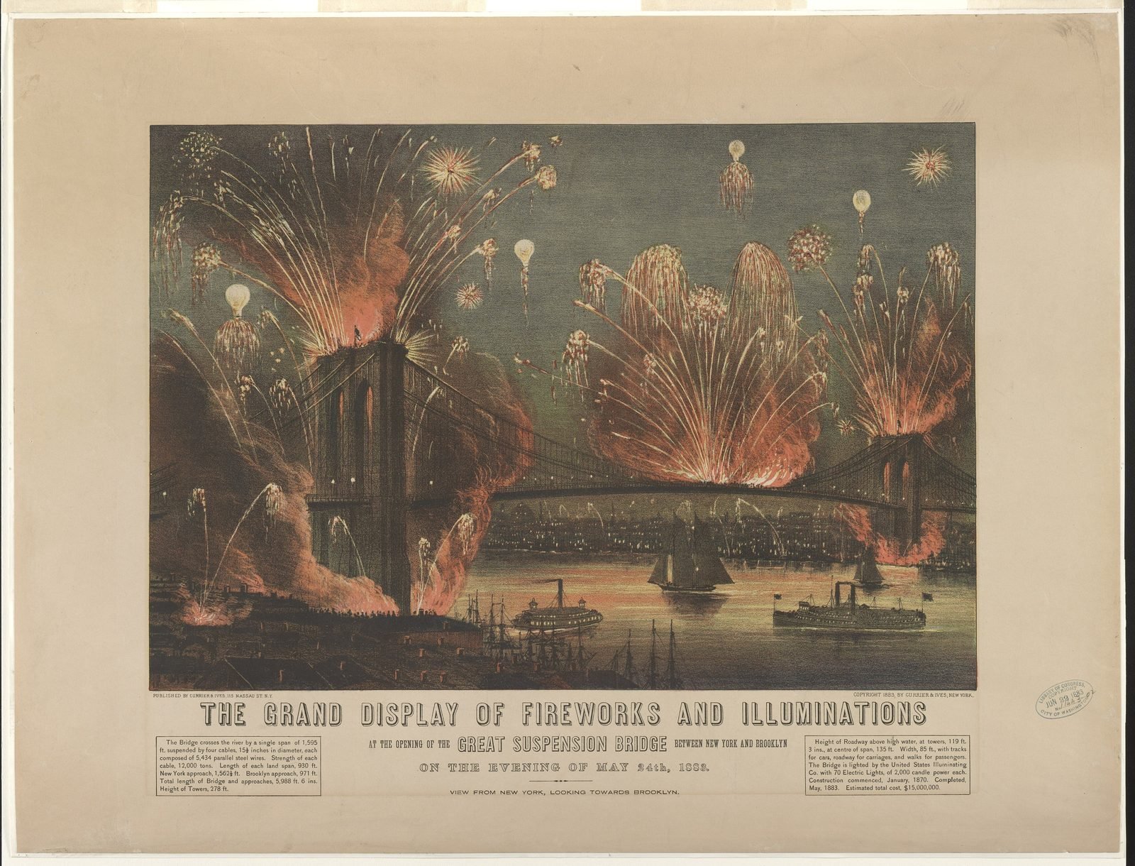 Litografia colorida dos fogos de artifício explodindo sobre a ponte iluminada, com barcos no rio