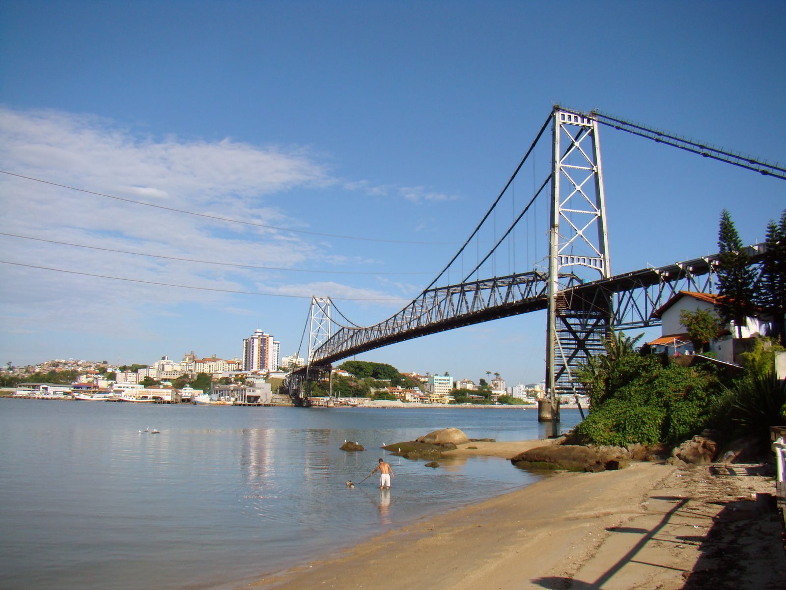 Gray steel suspension bridge over calm water, with a tall lattice tower on the right, the chain curving down to the truss of the main span and a rocky beach in the foreground