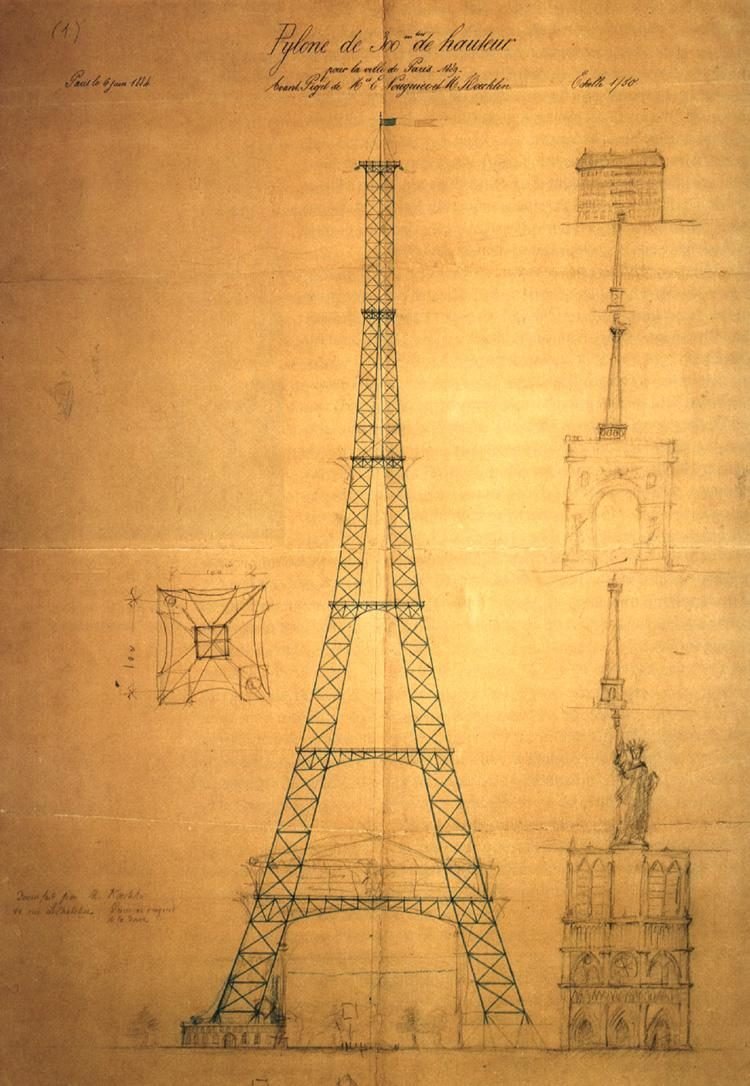 Desenho a lápis e tinta sobre papel amarelado: um pilone alto de treliça com quatro pés que se afastam na base, ao lado de desenhos menores de Notre-Dame, da Estátua da Liberdade e do Arco do Triunfo empilhados para comparar a altura