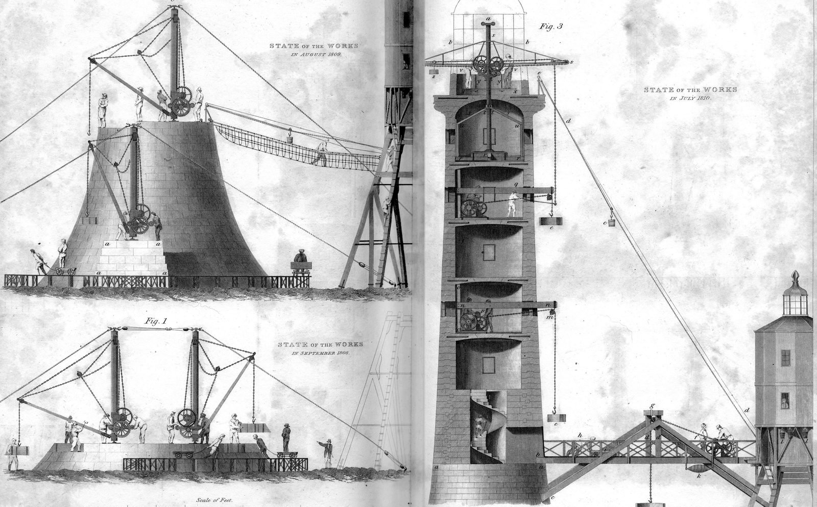 Prancha técnica em preto e branco com três fases da obra: a base com guindastes em 1808, a base cônica com a escada de corda em 1809 e, à direita, a torre em corte, com andares, escada em caracol e guindaste no topo, em 1810