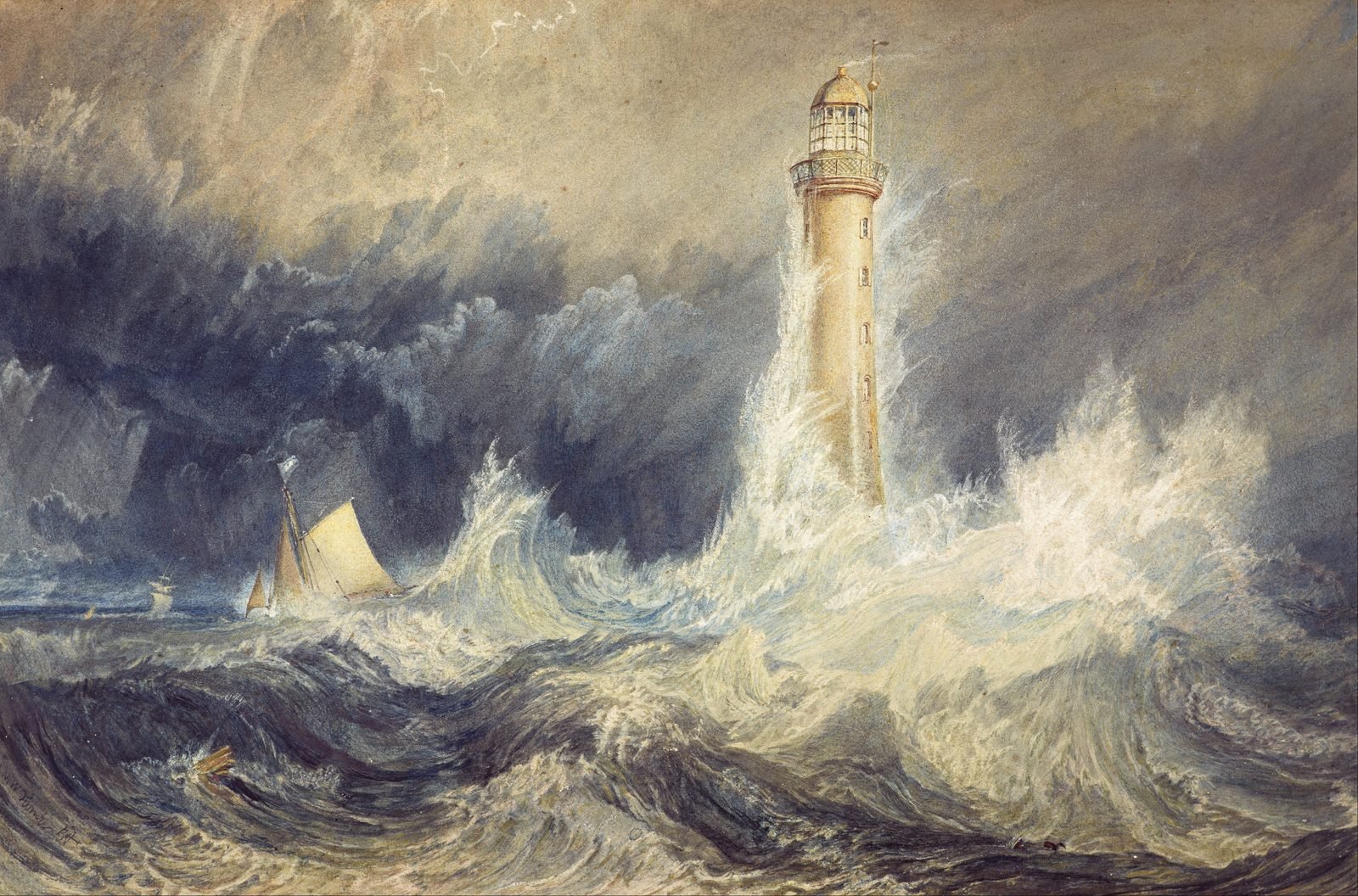 Aquarela: ondas enormes e espuma branca subindo pela torre do farol sob céu escuro de tempestade, com um veleiro inclinado à esquerda