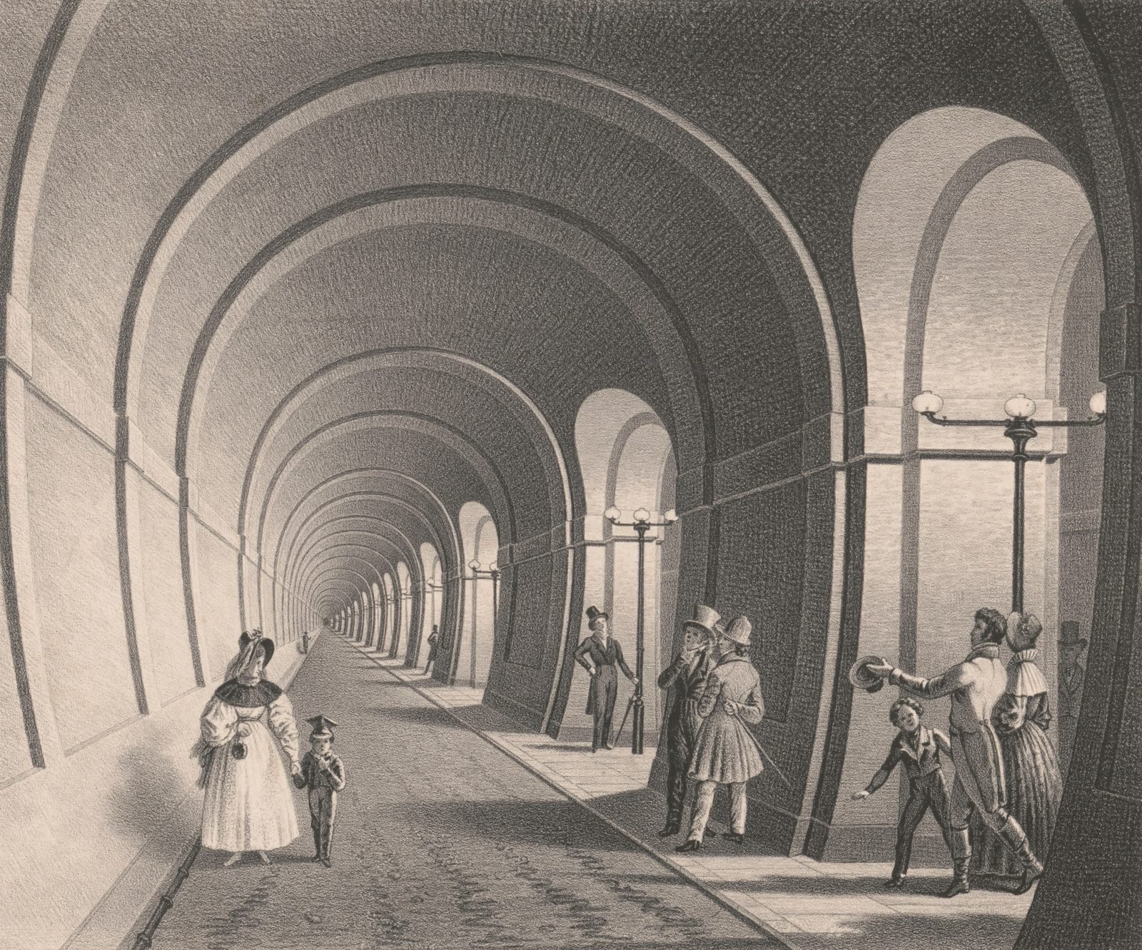 Lithograph of a bright gallery of successive arches, with a woman in a white dress and a boy on the left and gentlemen in top hats by the archways and lamps on the right
