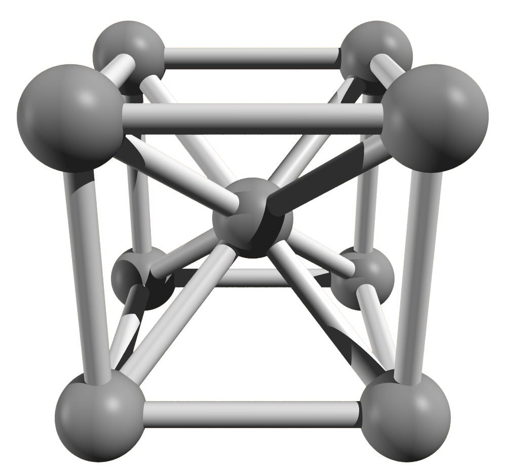 Gray diagram on a white background: eight spheres at the corners of a cube and a ninth at the center, joined by bars, the four diagonals crossing in the middle